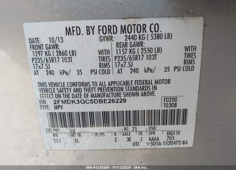 2013 FORD EDGE SE VIN: 2FMDK3GC5DBE26229