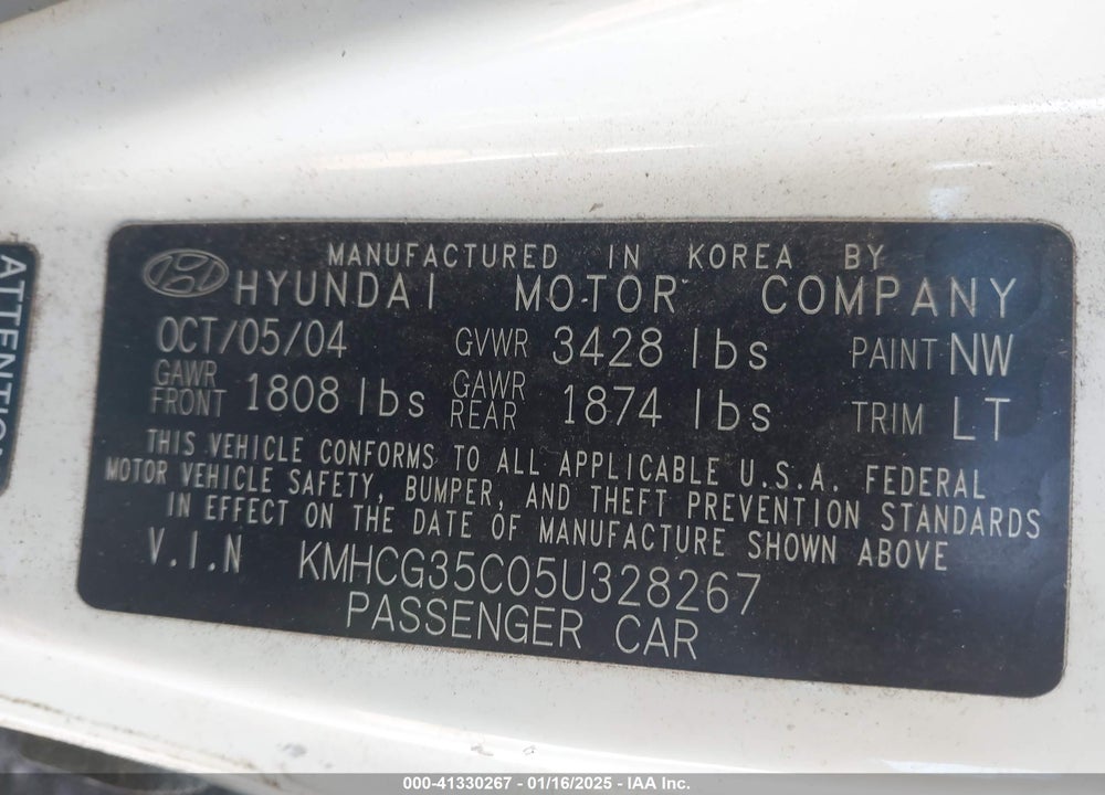 2005 HYUNDAI ACCENT GLS/GT VIN: KMHCG35C05U328267