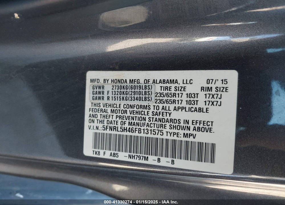 2015 HONDA ODYSSEY EX VIN: 5FNRL5H46FB131575