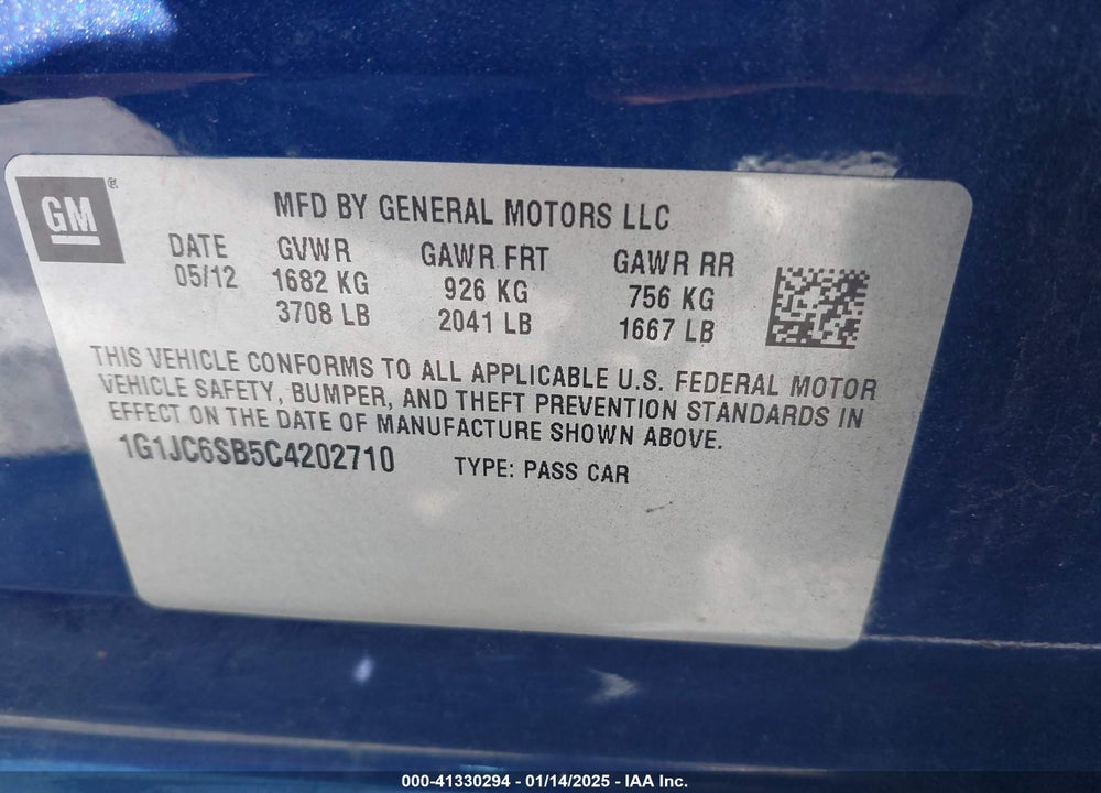 2012 CHEVROLET SONIC VIN: 1G1JC6SB5C4202710