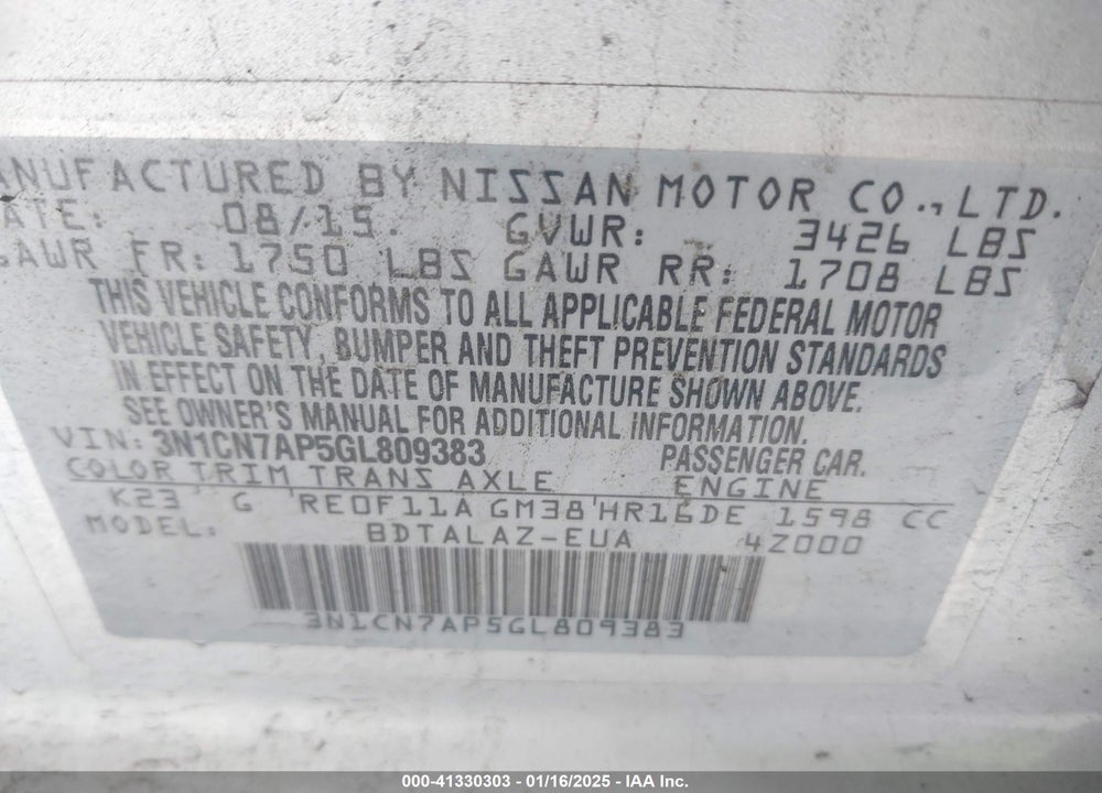 2016 NISSAN VERSA VIN: 3N1CN7AP5GL809383