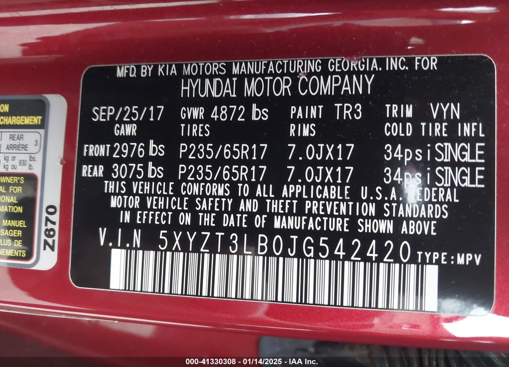 2018 HYUNDAI SANTA FE SPORT 2.4L VIN: 5XYZT3LB0JG542420
