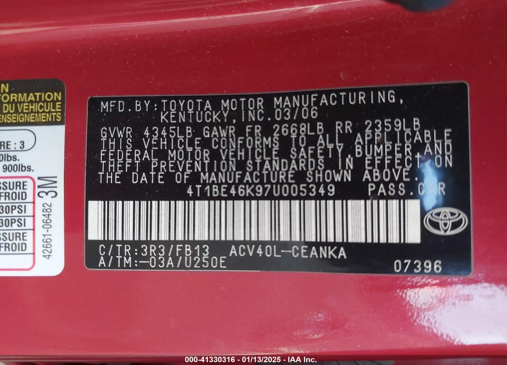 2007 TOYOTA CAMRY LE VIN: 4T1BE46K97U005349