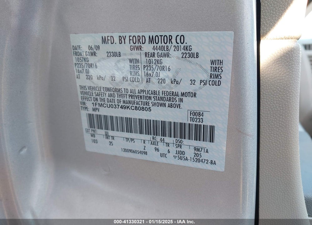2009 FORD ESCAPE XLT VIN: 1FMCU03749KC80805