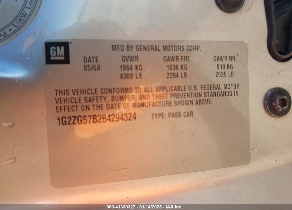 2008 PONTIAC G6 VIN: 1G2ZG57B284294324