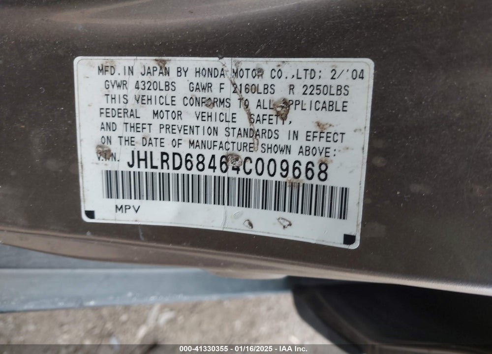 2004 HONDA CR-V LX VIN: JHLRD68464C009668