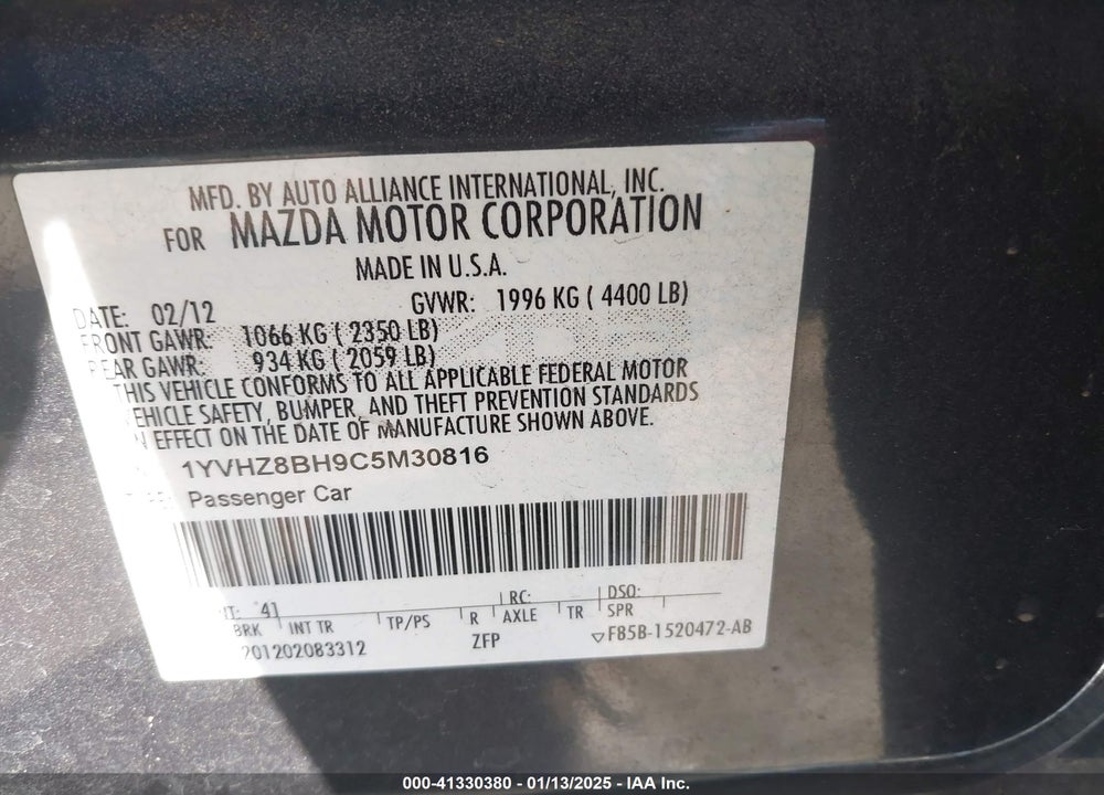 2012 MAZDA 6 I SPORT VIN: 1YVHZ8BH9C5M30816