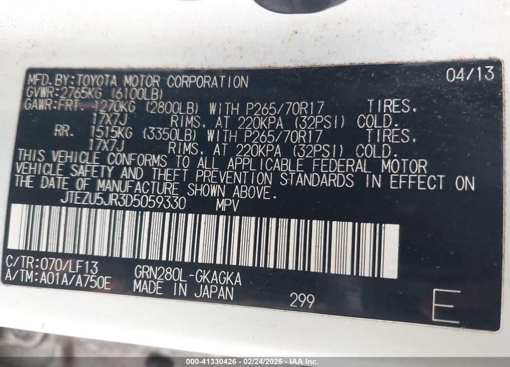 2013 TOYOTA 4RUNNER SR5/LIMITED VIN: JTEZU5JR3D5059330