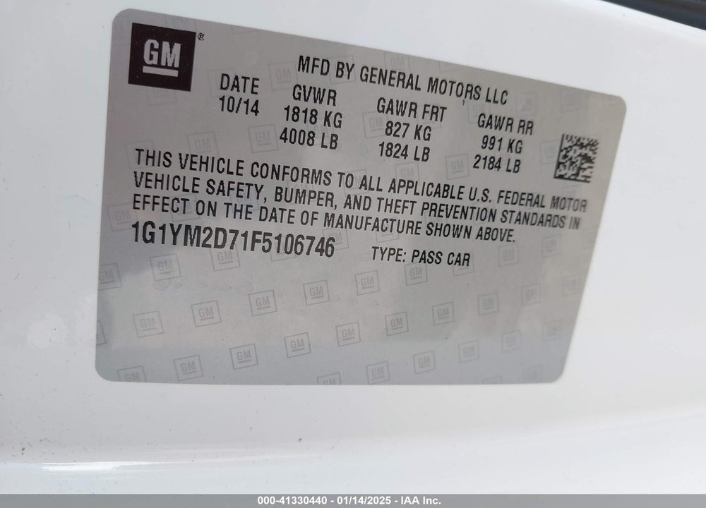 2015 CHEVROLET CORVETTE VIN: 1G1YM2D71F5106746