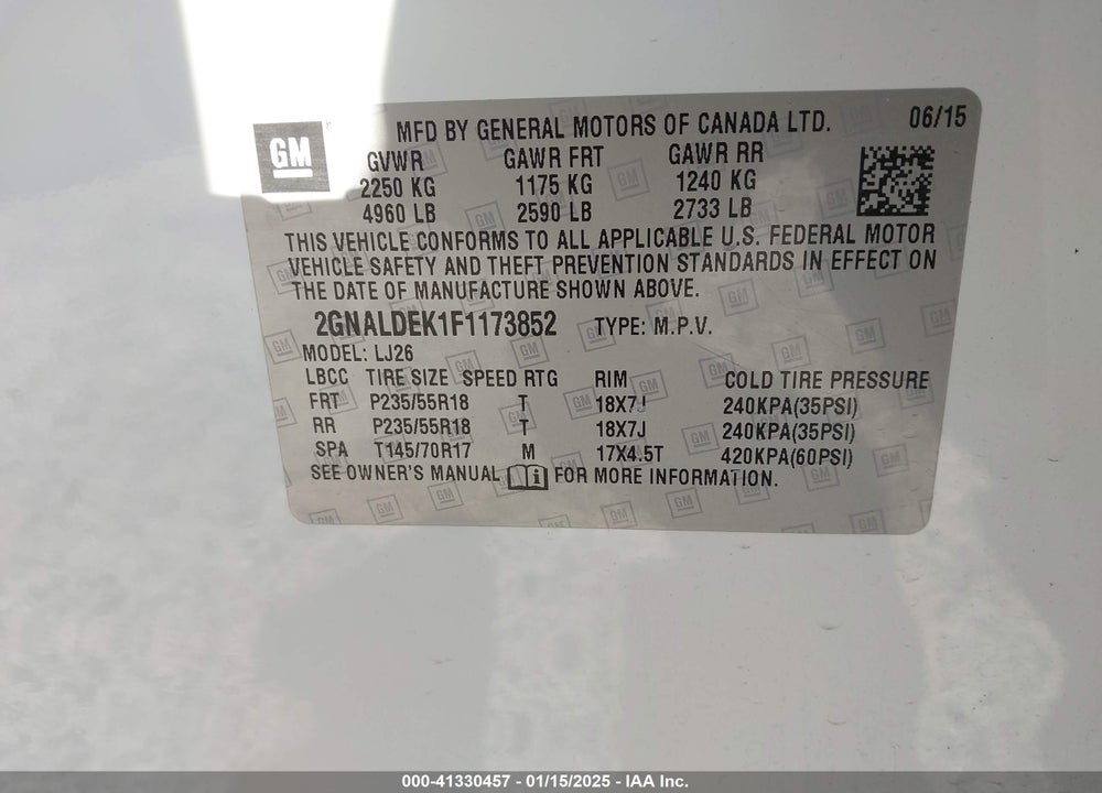 2015 CHEVROLET EQUINOX LTZ VIN: 2GNALDEK1F1173852