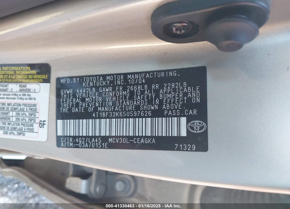 2005 TOYOTA CAMRY XLE V6 VIN: 4T1BF32K65U597626