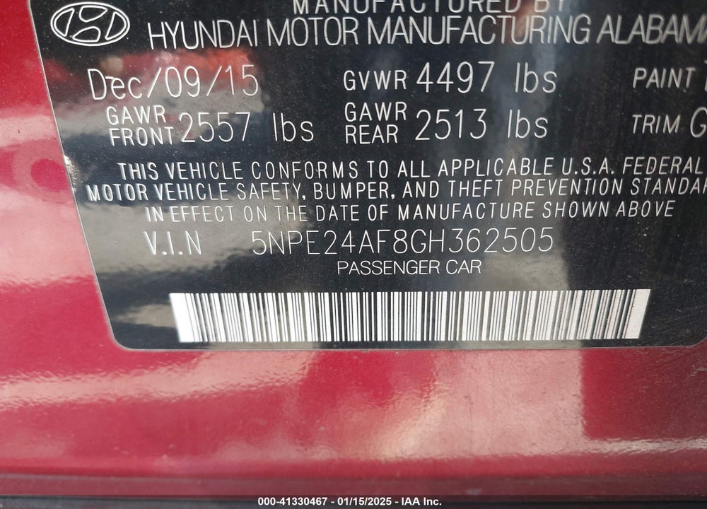 2016 HYUNDAI SONATA VIN: 5NPE24AF8GH362505