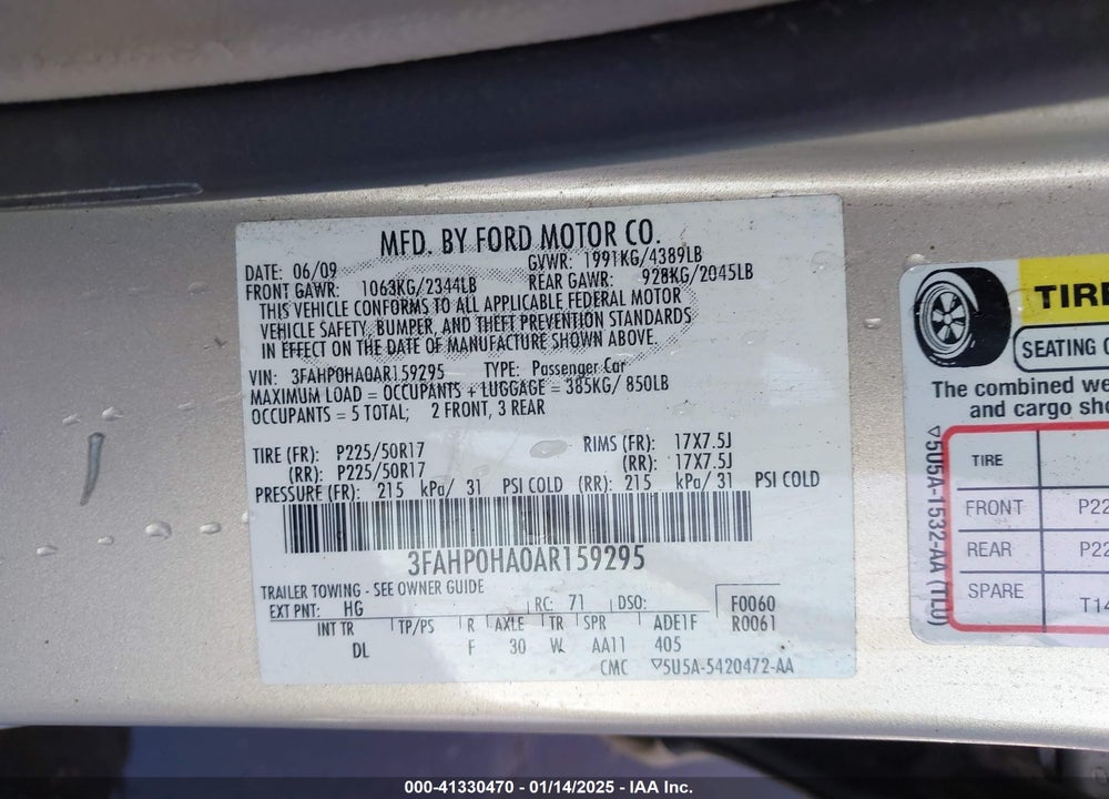 2010 FORD FUSION SE VIN: 3FAHP0HA0AR159295