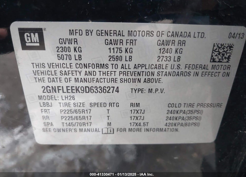 2013 CHEVROLET EQUINOX 1LT VIN: 2GNFLEEK9D6336274
