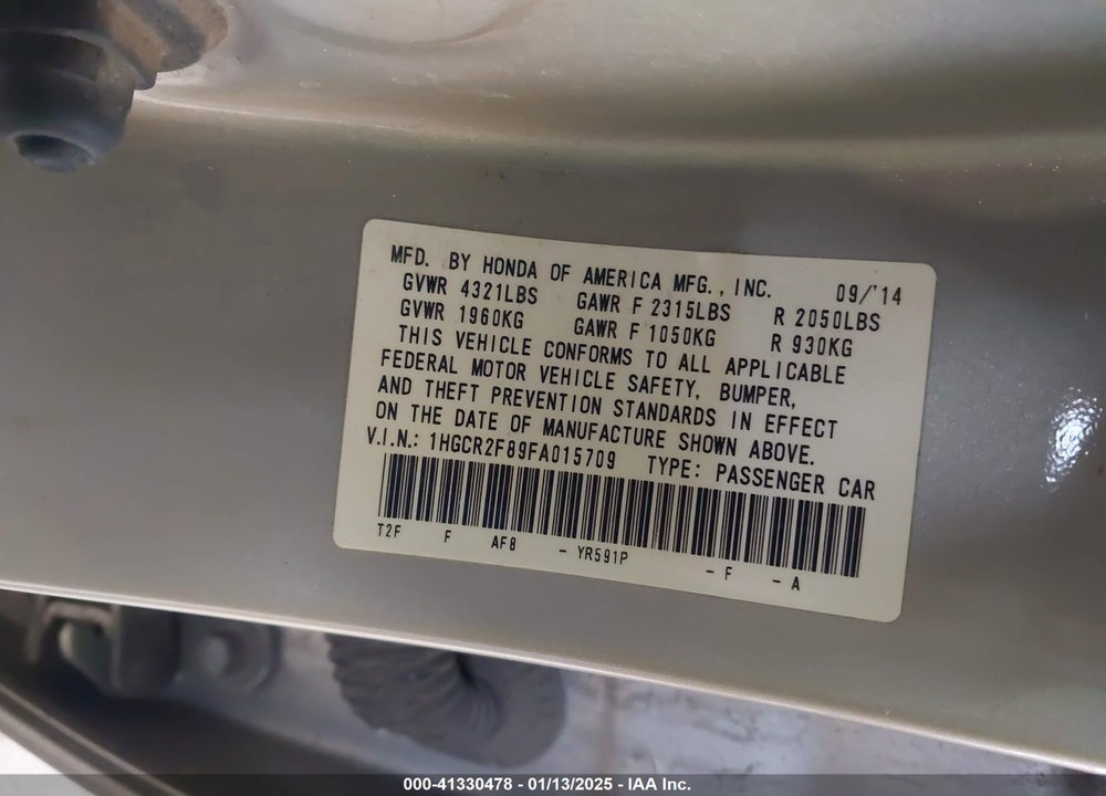 2015 HONDA ACCORD EX-L VIN: 1HGCR2F89FA015709
