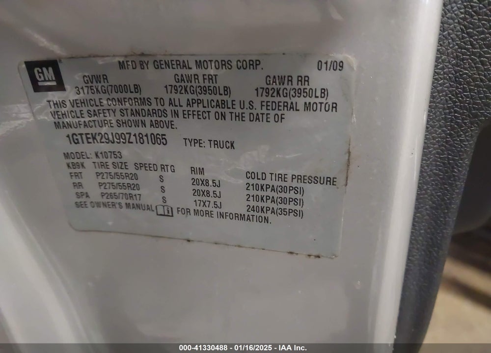 2009 GMC SIERRA 1500 SLE VIN: 1GTEK29J99Z181065