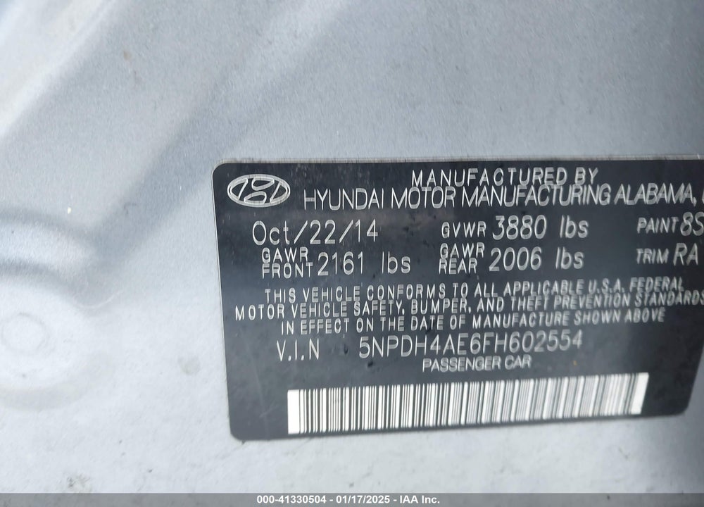 2015 HYUNDAI ELANTRA VIN: 5NPDH4AE6FH602554