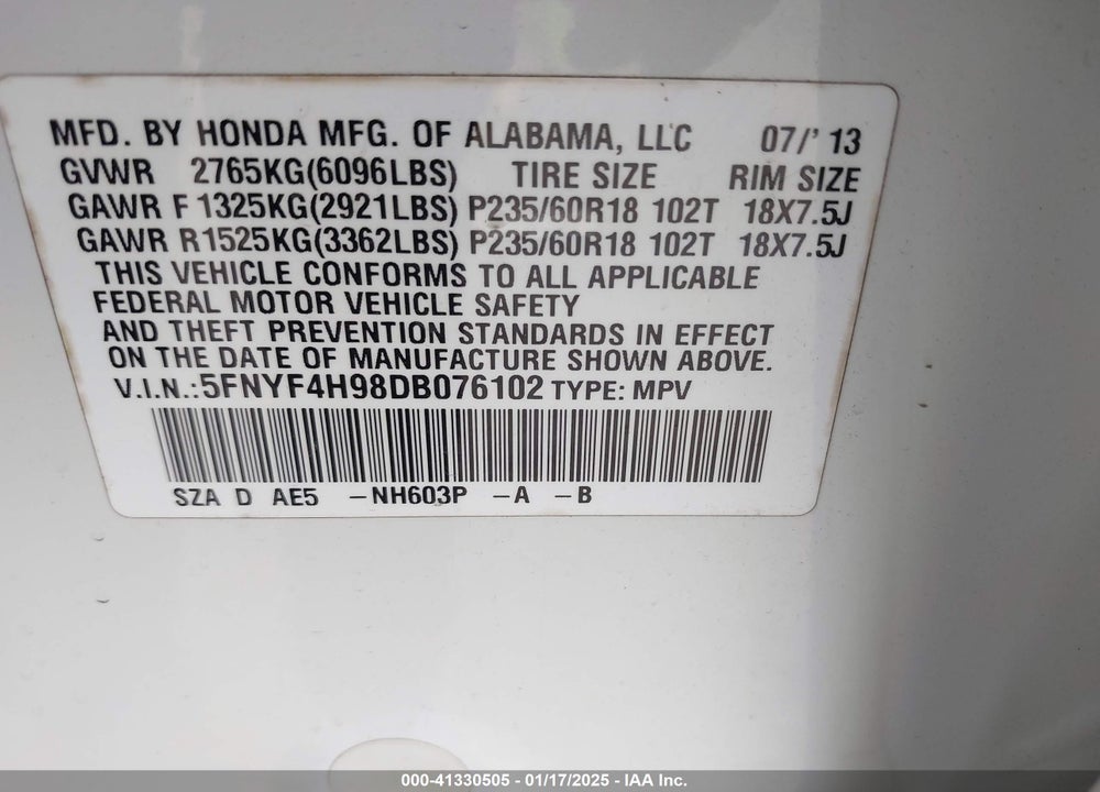 2013 HONDA PILOT TOURING VIN: 5FNYF4H98DB076102