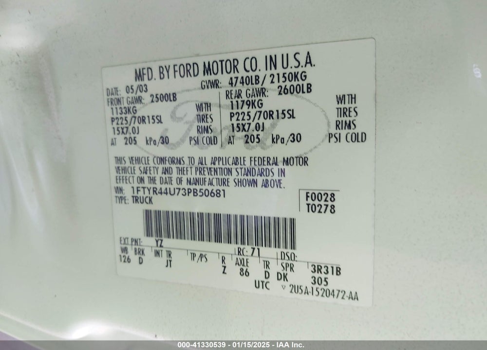 2003 FORD RANGER EDGE/TREMOR/XLT VIN: 1FTYR44U73PB50681