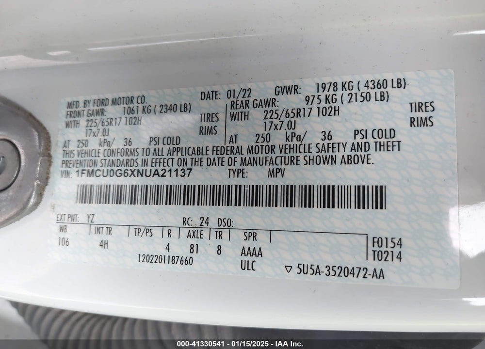 2022 FORD ESCAPE SE VIN: 1FMCU0G6XNUA21137