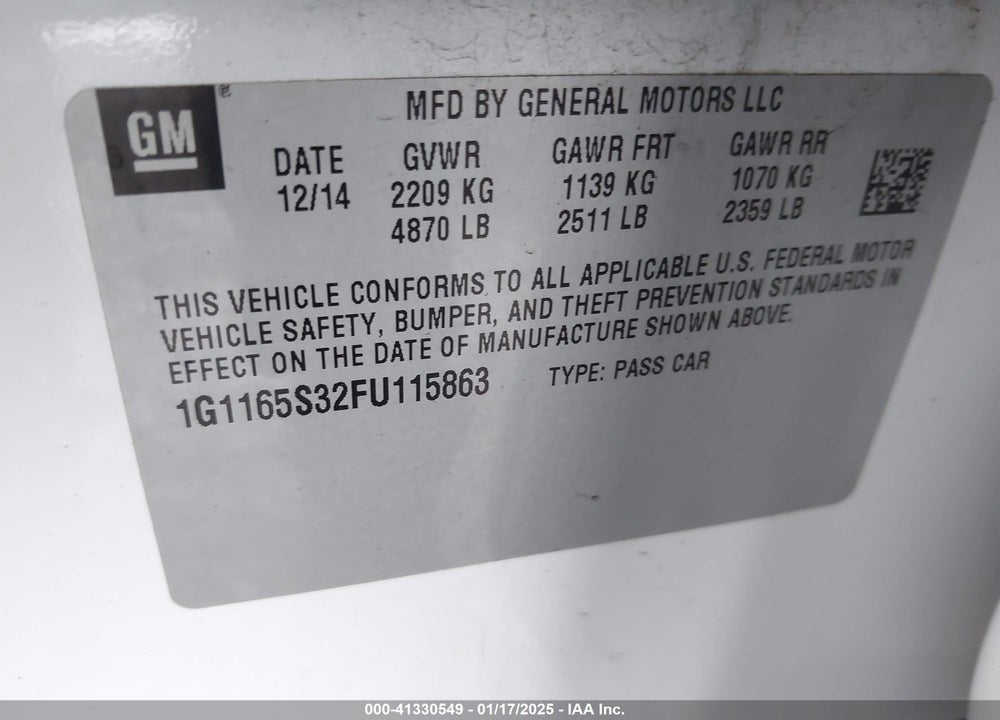 2015 CHEVROLET IMPALA VIN: 1G1165S32FU115863