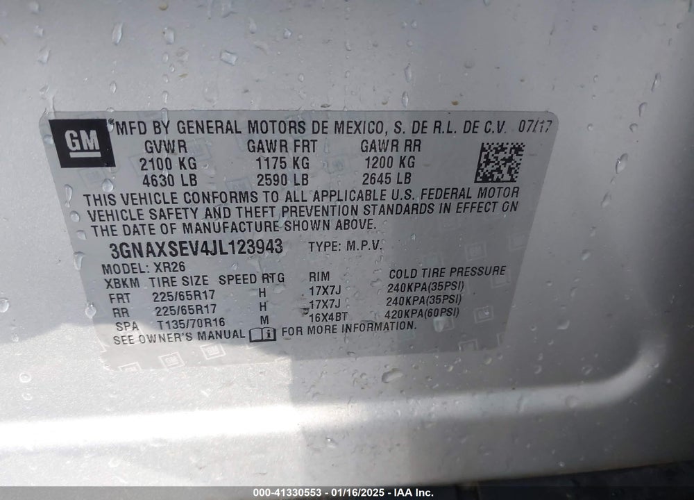 2018 CHEVROLET EQUINOX VIN: 3GNAXSEV4JL123943