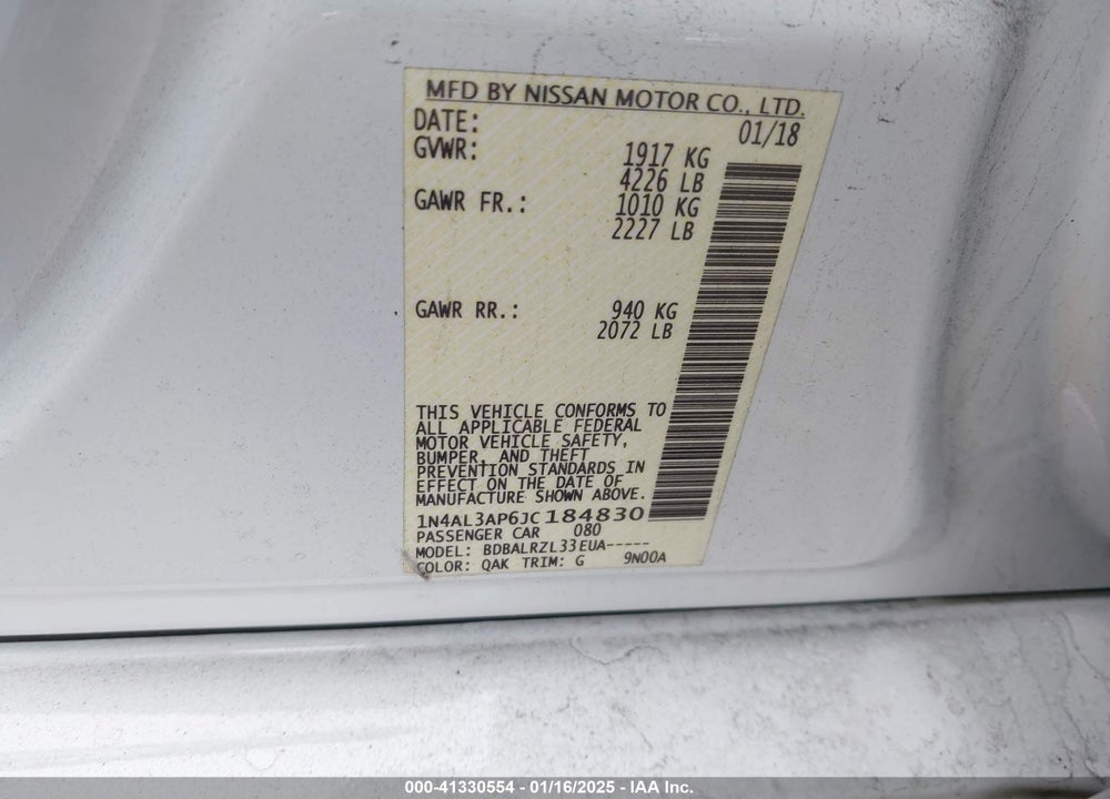2018 NISSAN ALTIMA VIN: 1N4AL3AP6JC184830