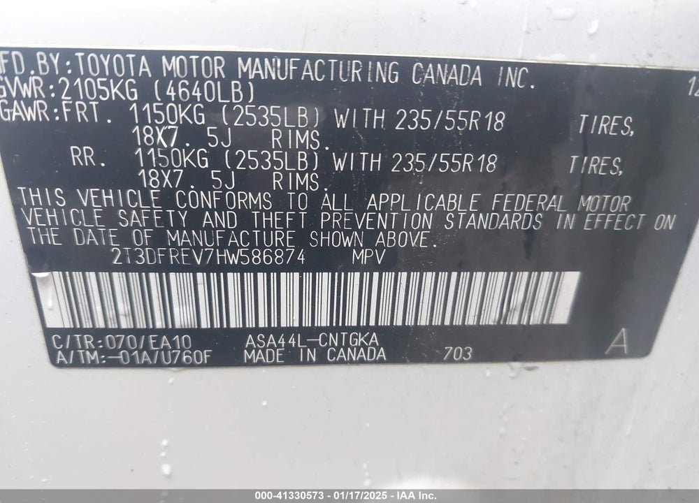 2017 TOYOTA RAV4 PLATINUM VIN: 2T3DFREV7HW586874