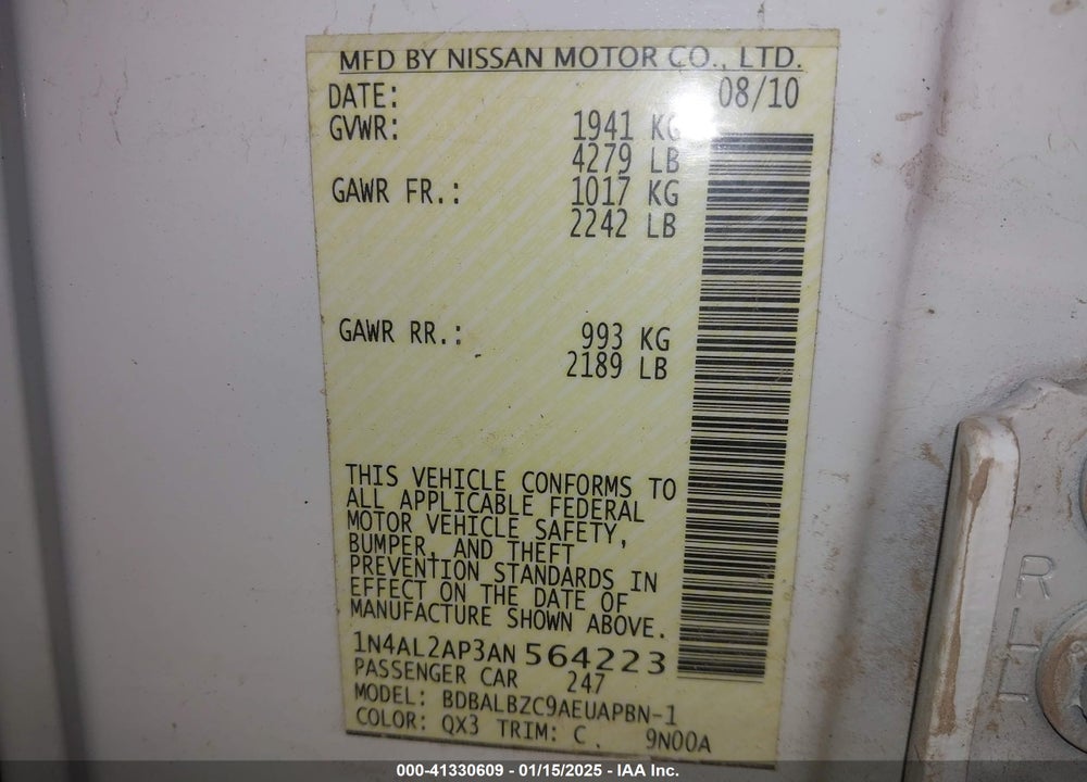 2010 NISSAN ALTIMA 2.5 SL VIN: 1N4AL2AP3AN564223
