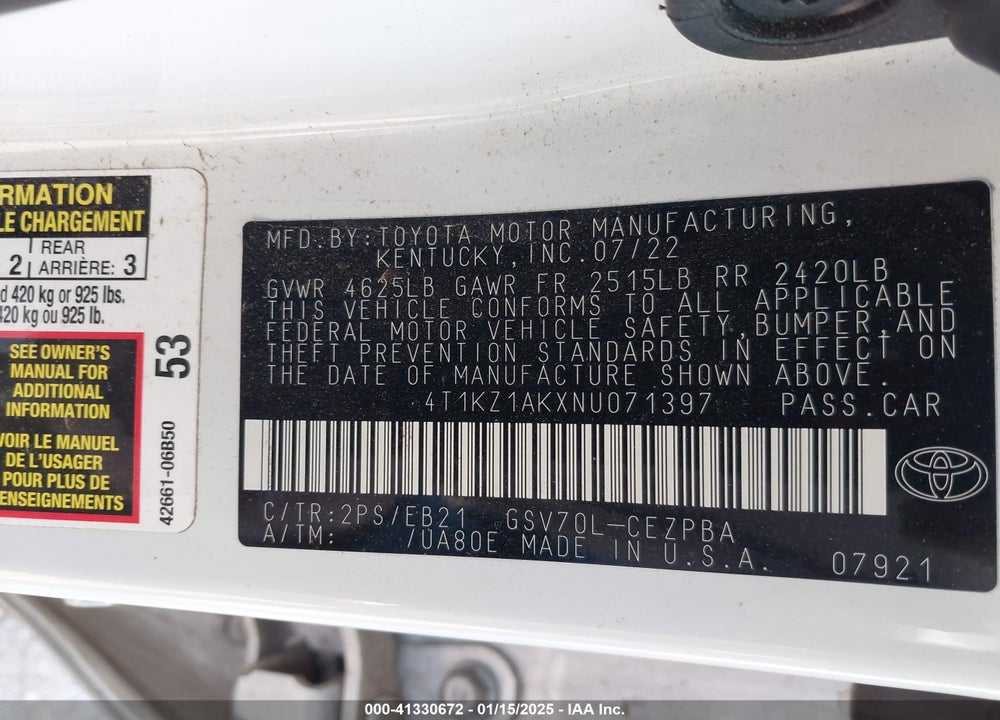 2022 TOYOTA CAMRY VIN: 4T1KZ1AKXNU071397