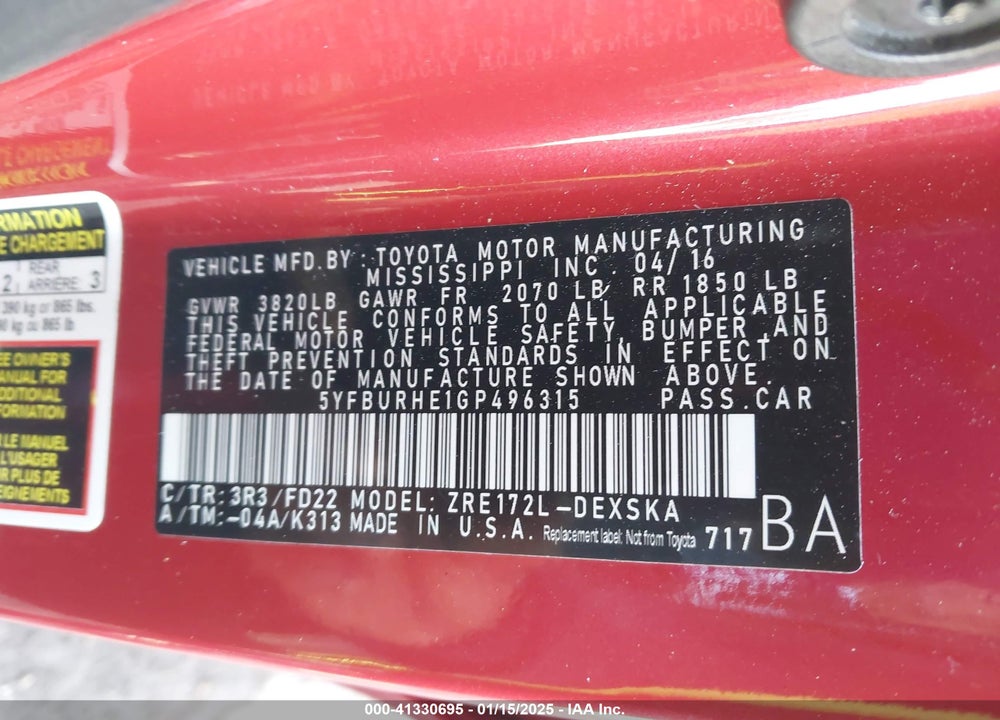 2016 TOYOTA COROLLA VIN: 5YFBURHE1GP496315