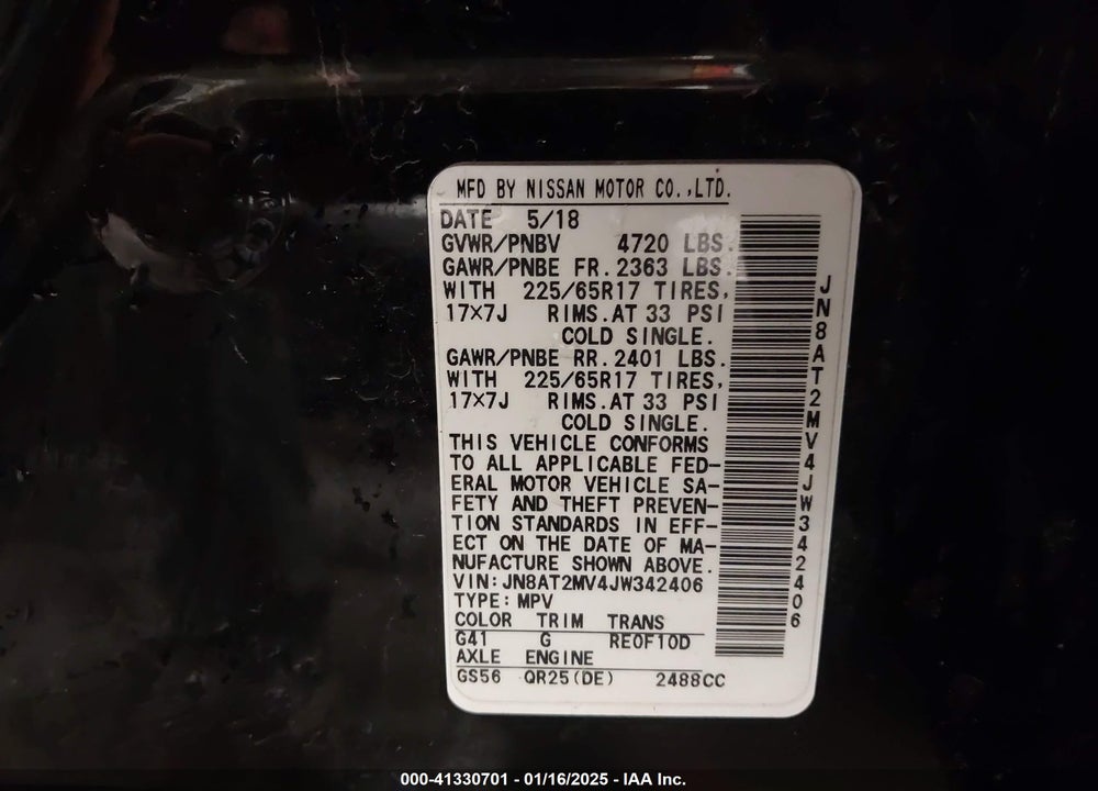 2018 NISSAN ROGUE SV VIN: JN8AT2MV4JW342406
