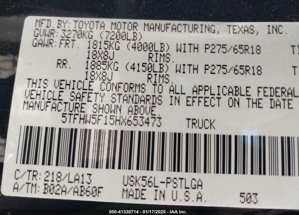 2017 TOYOTA TUNDRA VIN: 5TFHW5F15HX653473