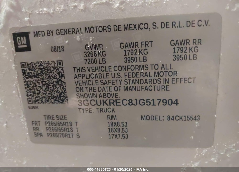 2018 CHEVROLET SILVERADO 1500 VIN: 3GCUKREC8JG517904