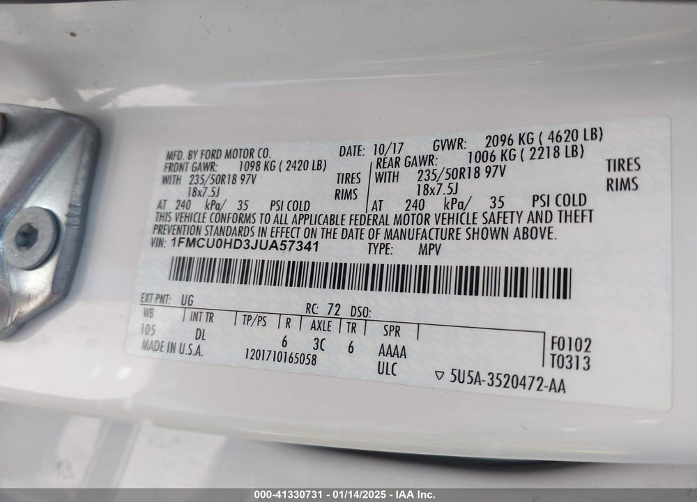 2018 FORD ESCAPE SEL VIN: 1FMCU0HD3JUA57341