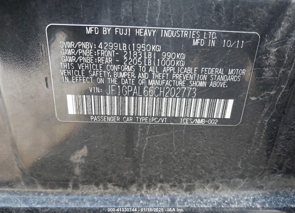 2012 SUBARU IMPREZA 2.0I SPORT PREMIUM VIN: JF1GPAL66CH202773