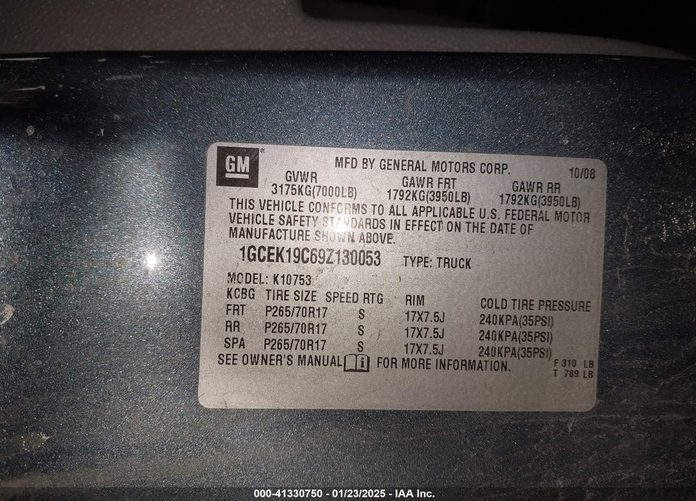 2009 CHEVROLET SILVERADO 1500 VIN: 1GCEK19C69Z130053