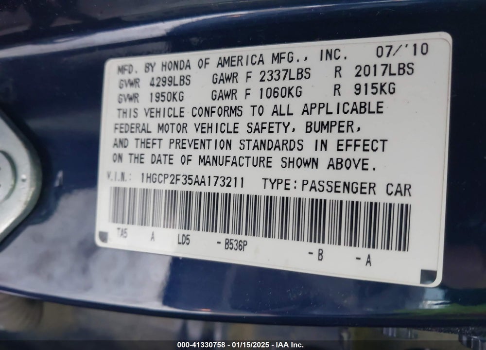 2010 HONDA ACCORD 2.4 LX VIN: 1HGCP2F35AA173211