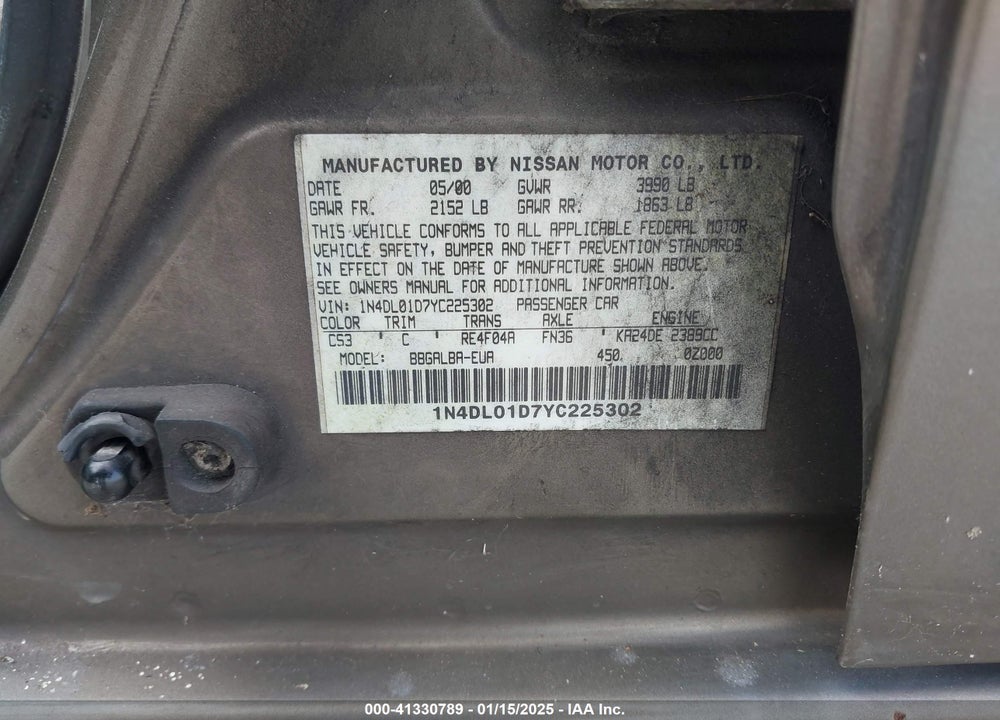 2000 NISSAN ALTIMA GLE/GXE/SE/XE VIN: 1N4DL01D7YC225302