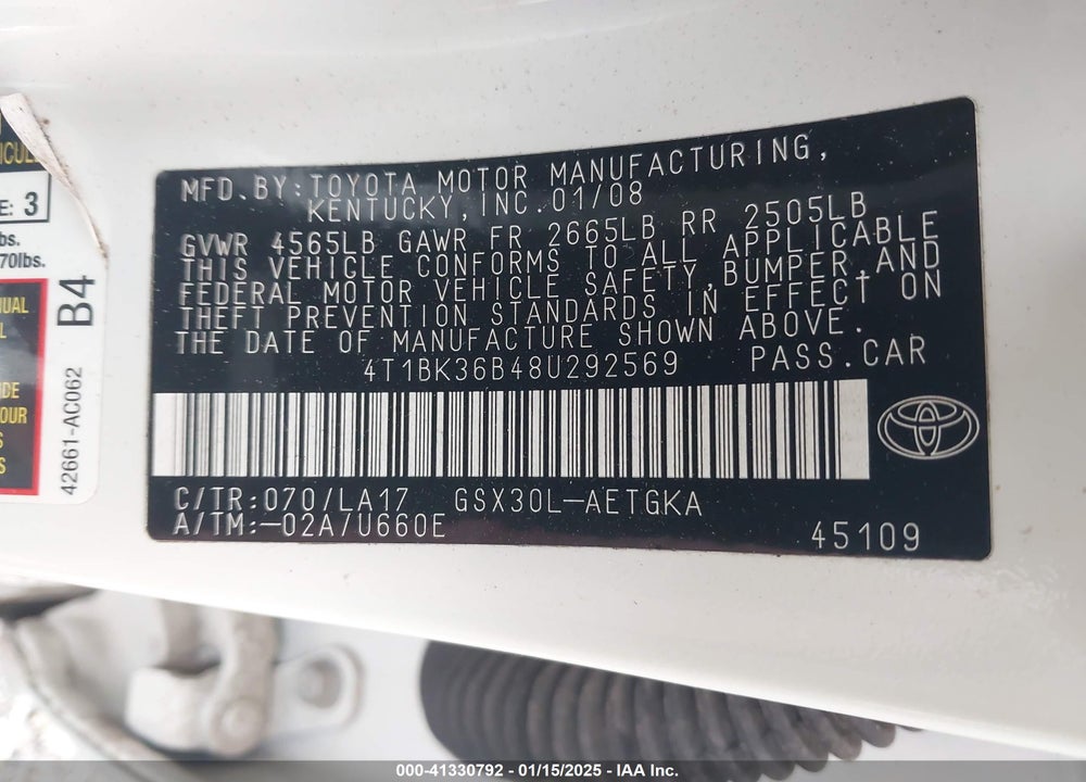 2008 TOYOTA AVALON XLS VIN: 4T1BK36B48U292569