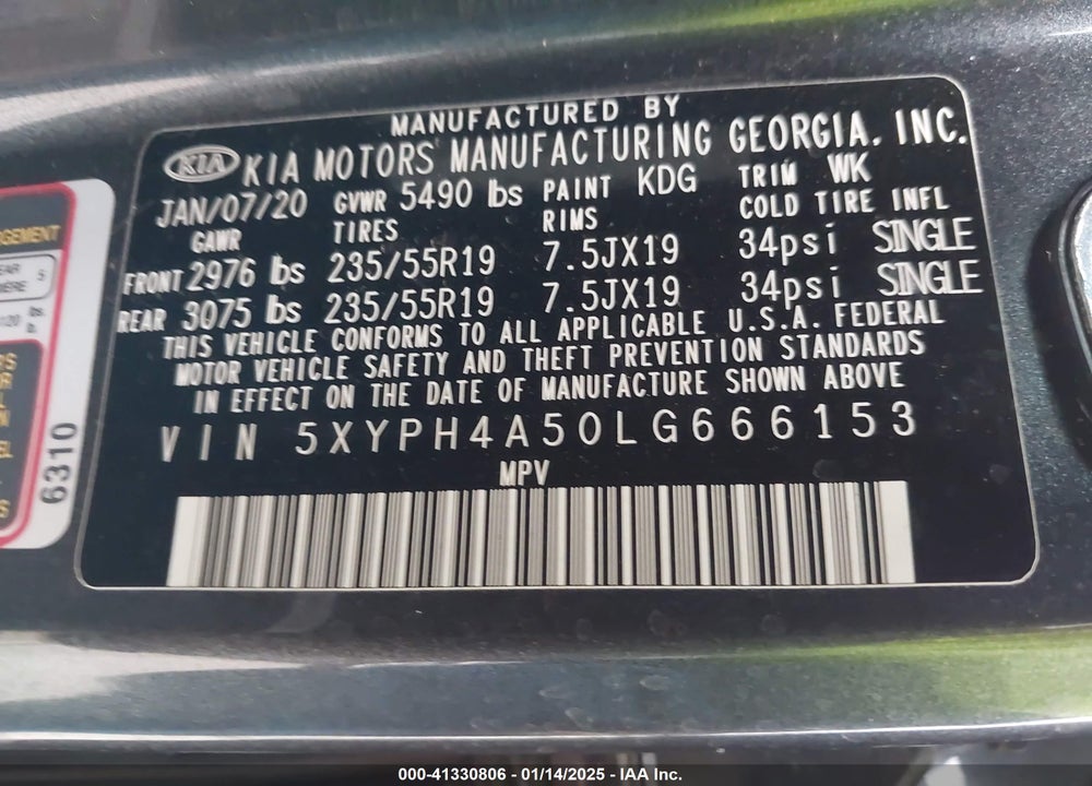 2020 KIA SORENTO 3.3L EX VIN: 5XYPH4A50LG666153