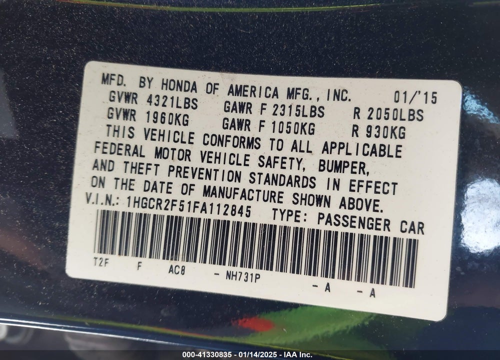 2015 HONDA ACCORD VIN: 1HGCR2F51FA112845