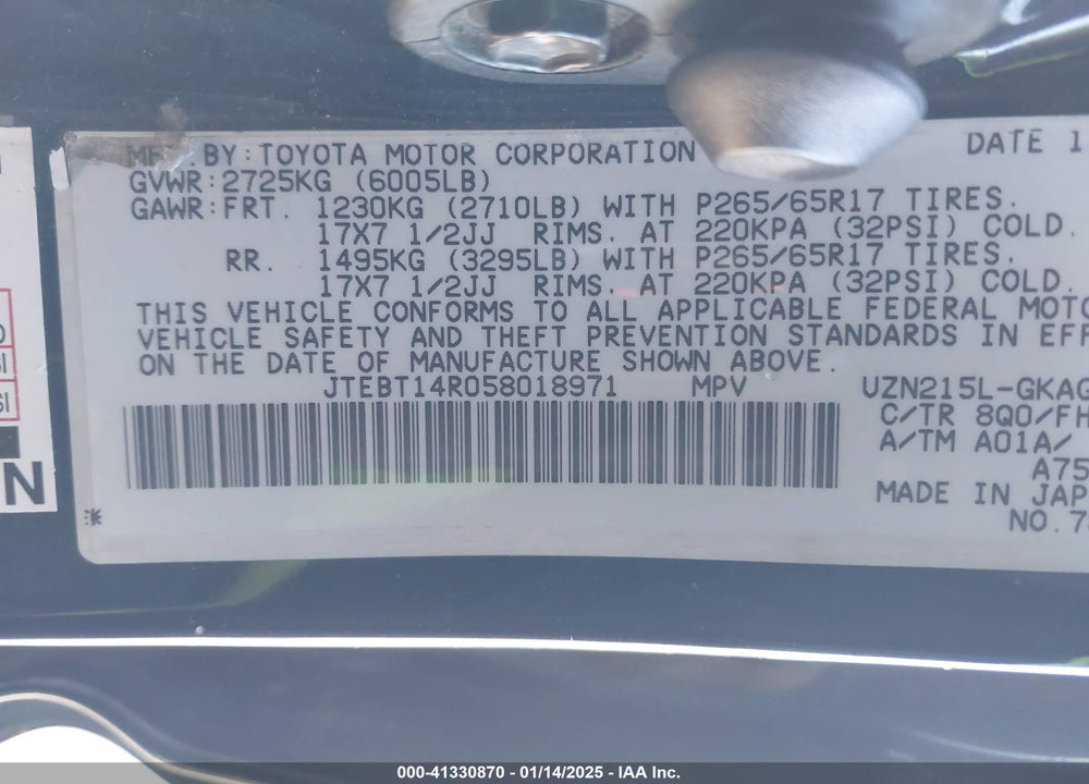 2005 TOYOTA 4RUNNER SR5 SPORT V8 VIN: JTEBT14R058018971