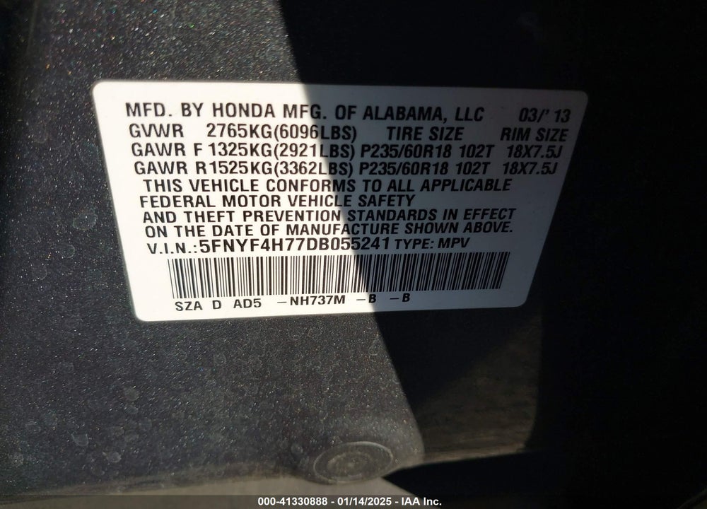2013 HONDA PILOT EX-L VIN: 5FNYF4H77DB055241
