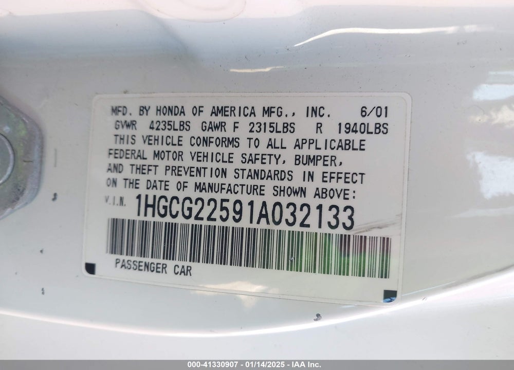 2001 HONDA ACCORD 3.0 EX VIN: 1HGCG22591A032133