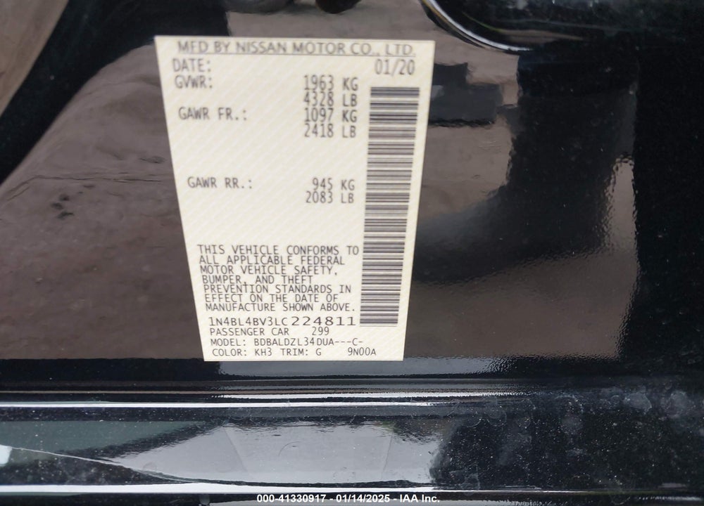 2020 NISSAN ALTIMA VIN: 1N4BL4BV3LC224811