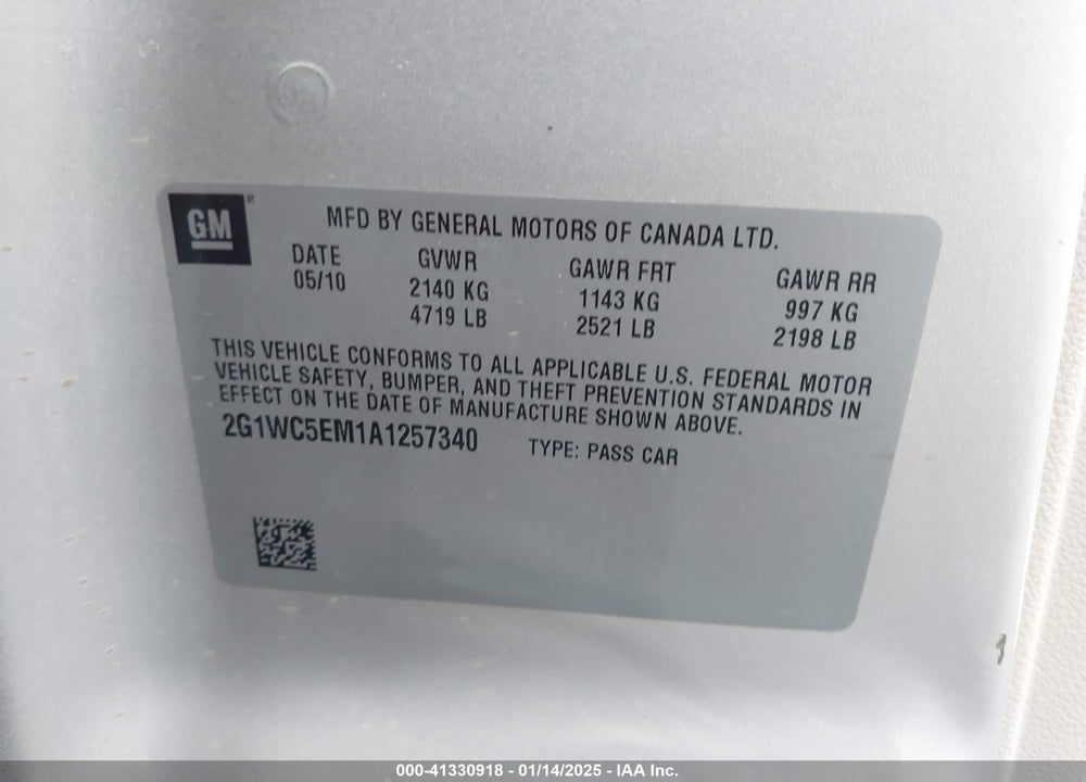 2010 CHEVROLET IMPALA VIN: 2G1WC5EM1A1257340