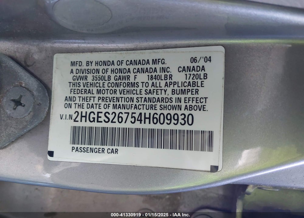 2004 HONDA CIVIC EX VIN: 2HGES26754H609930