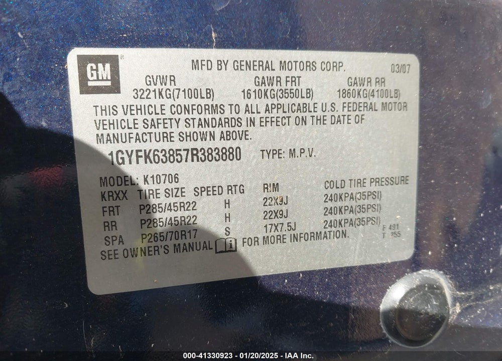 2007 CADILLAC ESCALADE STANDARD VIN: 1GYFK63857R383880