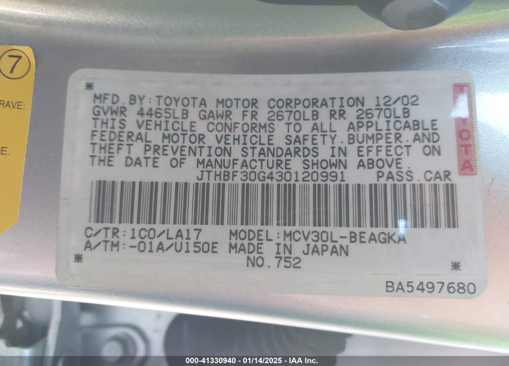 2003 LEXUS ES 300 VIN: JTHBF30G430120991